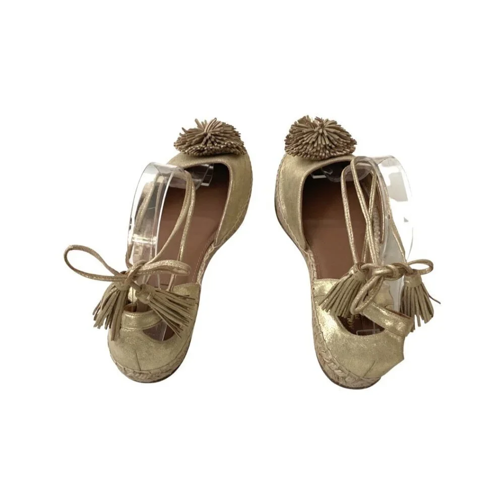 Aquazzura Sunshine Gold Pom Pom Espadrilles Size 39.5